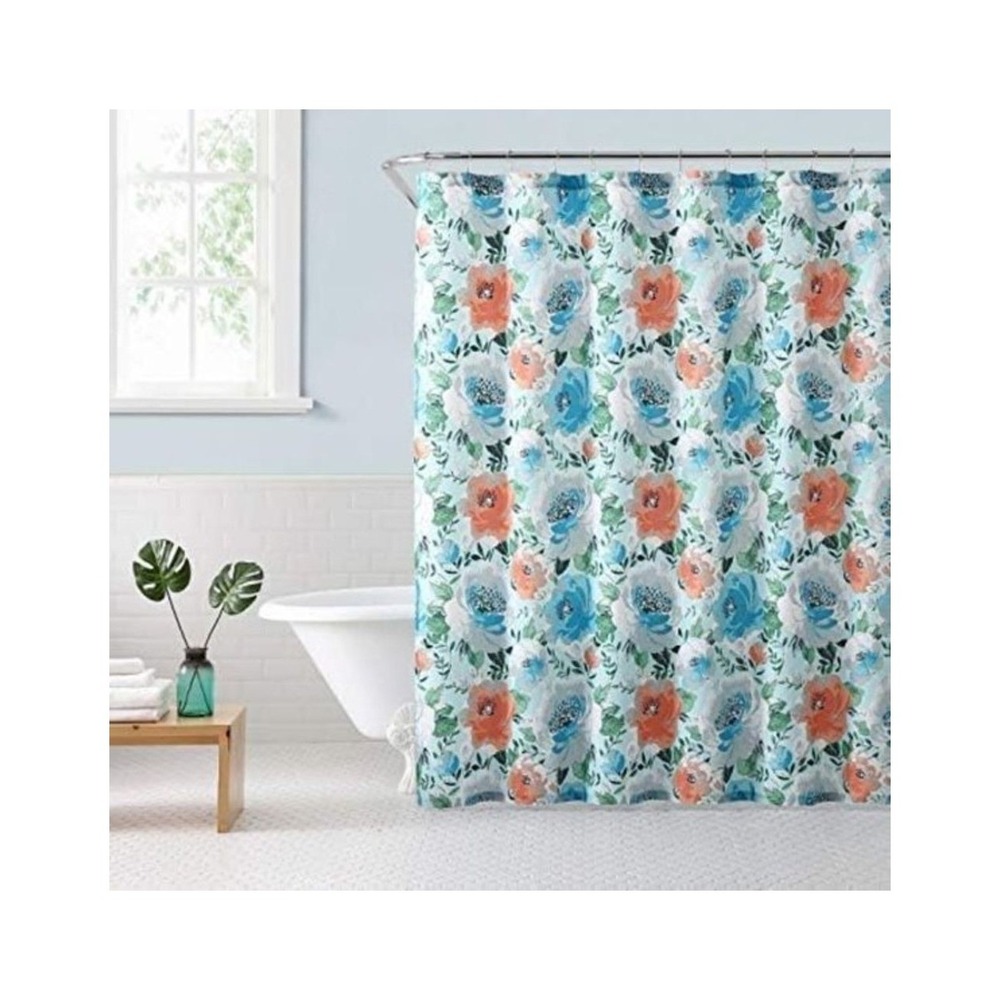 Freshee Floral Shower‎ Curtain Blue Coral Watercolor Antimicrobial Fabric New